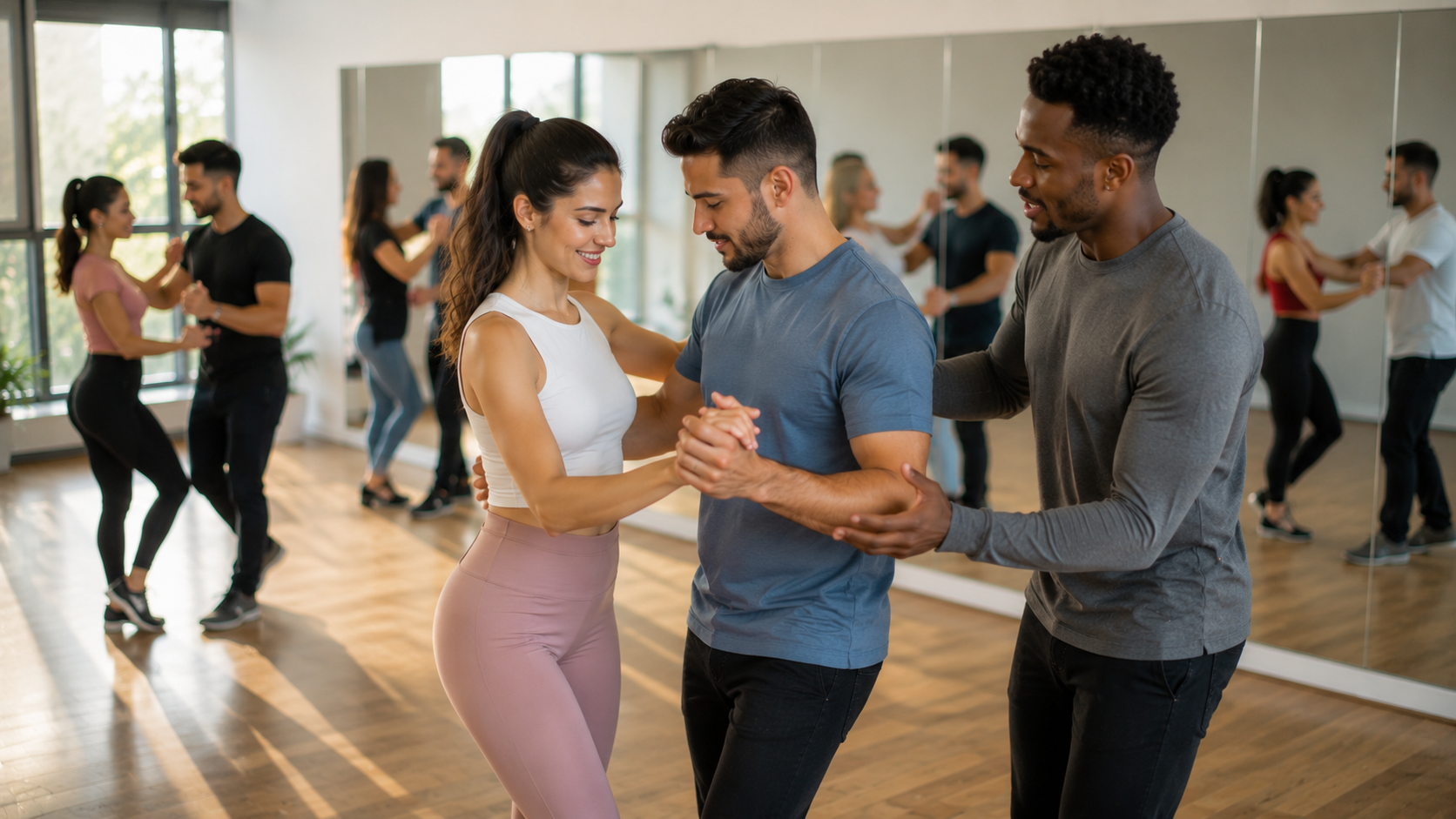 First-time bachata students with instructor