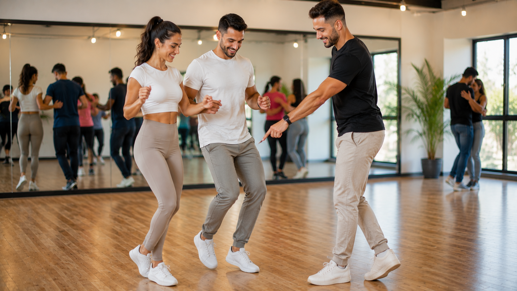Instructor teaching beginner bachata couple steps