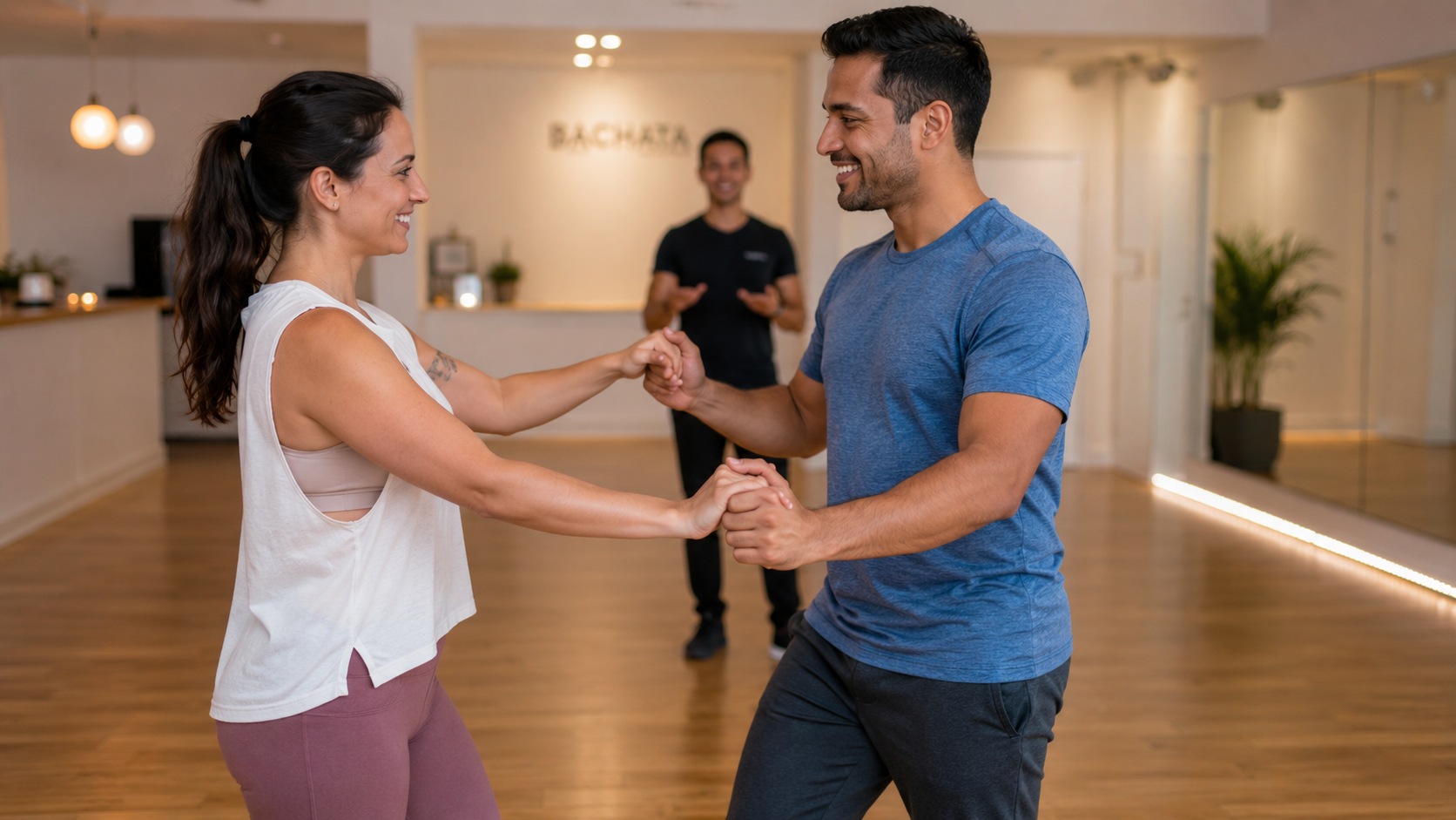 Beginner couple learning the Bachata basic step together at a Latin dance studio in Orange County