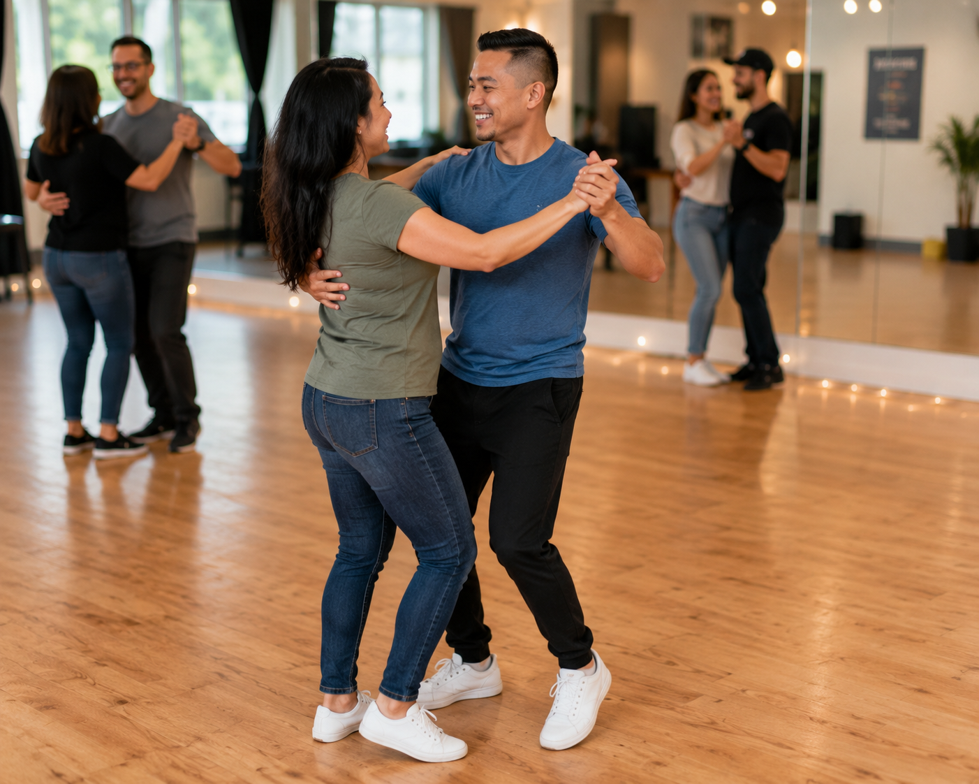Couple practicing Bachata steps together in a beginner partner dance class in Orange County, California