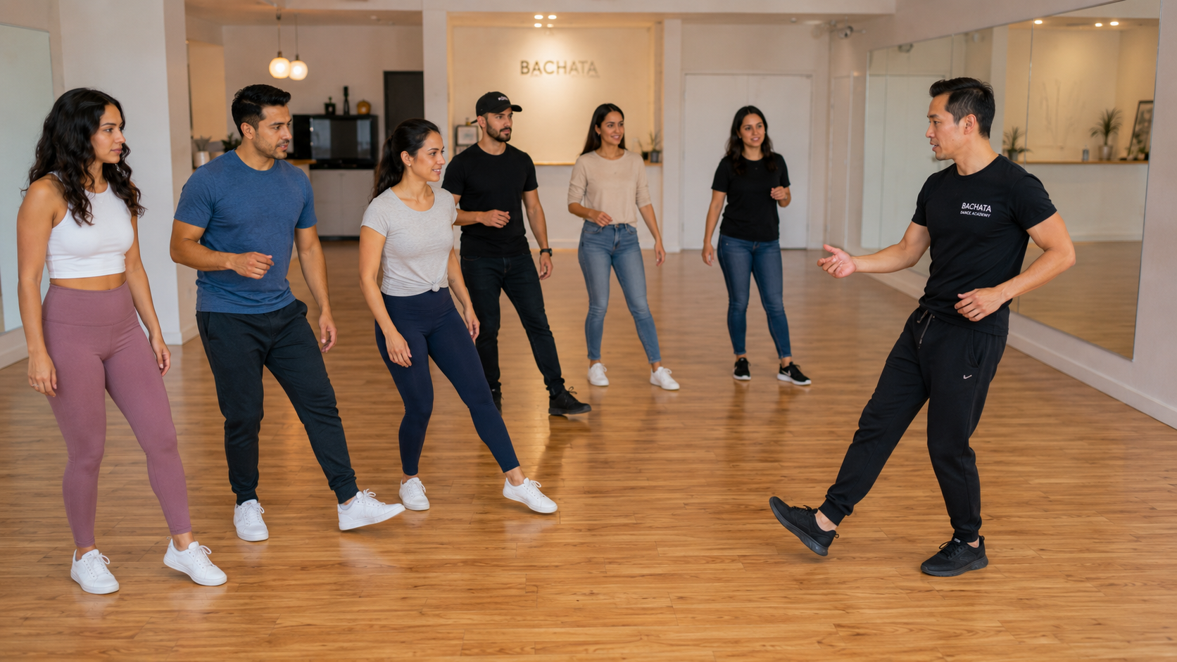 Bachata instructor breaking down the basic step for a small beginner group at RF Dance studio Santa Ana