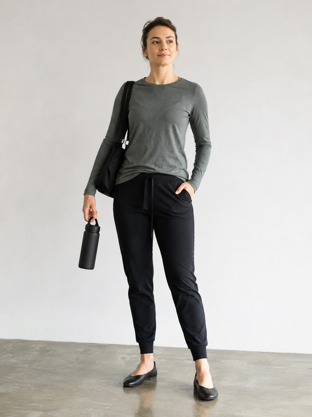 Beginner dancer in breathable athletic wear and smooth-soled shoes ready for a Bachata class at RF Dance