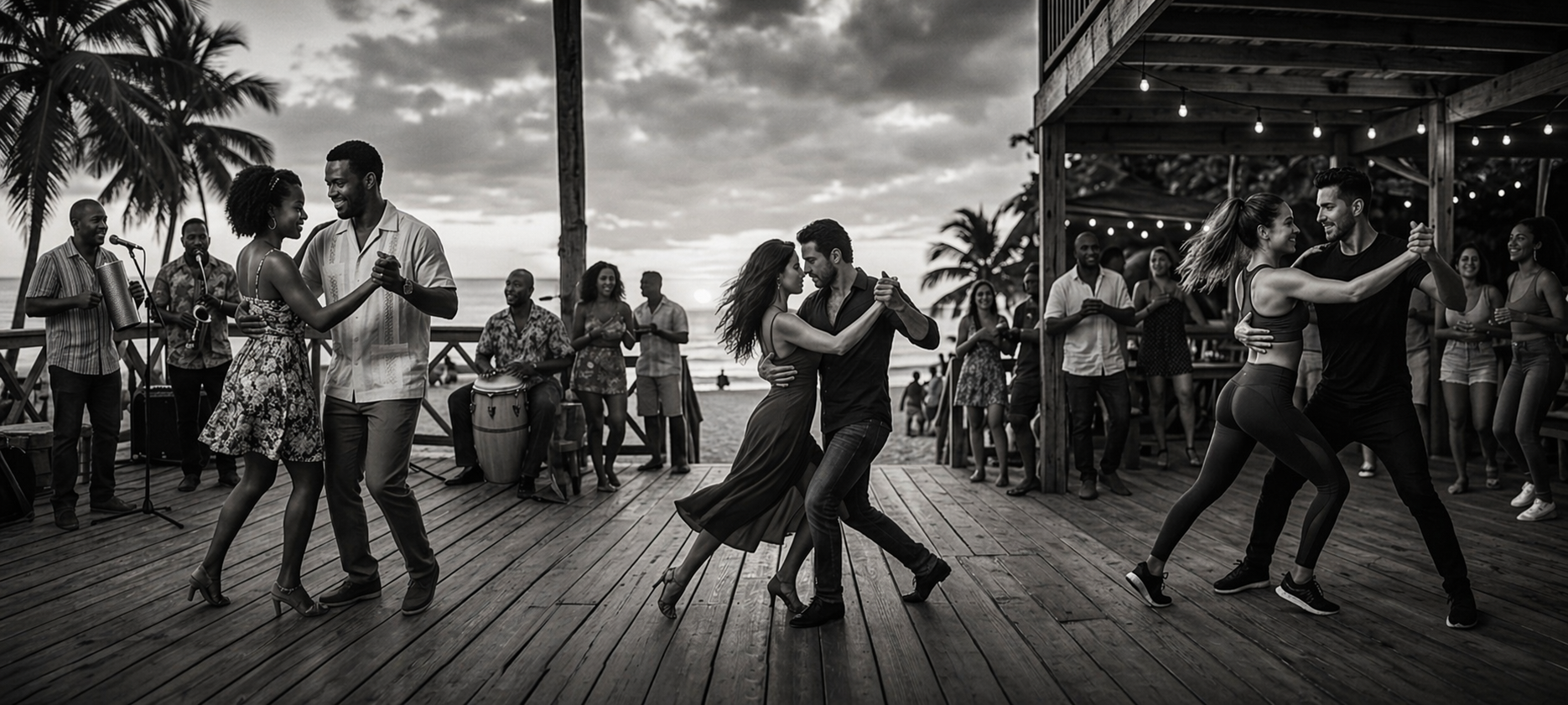Black-and-white image of couples dancing different forms of bachata on a wooden beachside deck at sunset