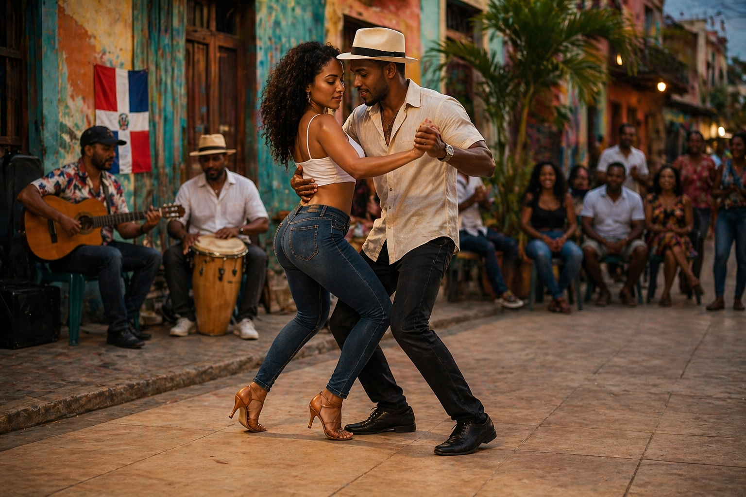Couple dancing urban bachata in a neon-lit studio with graffiti walls