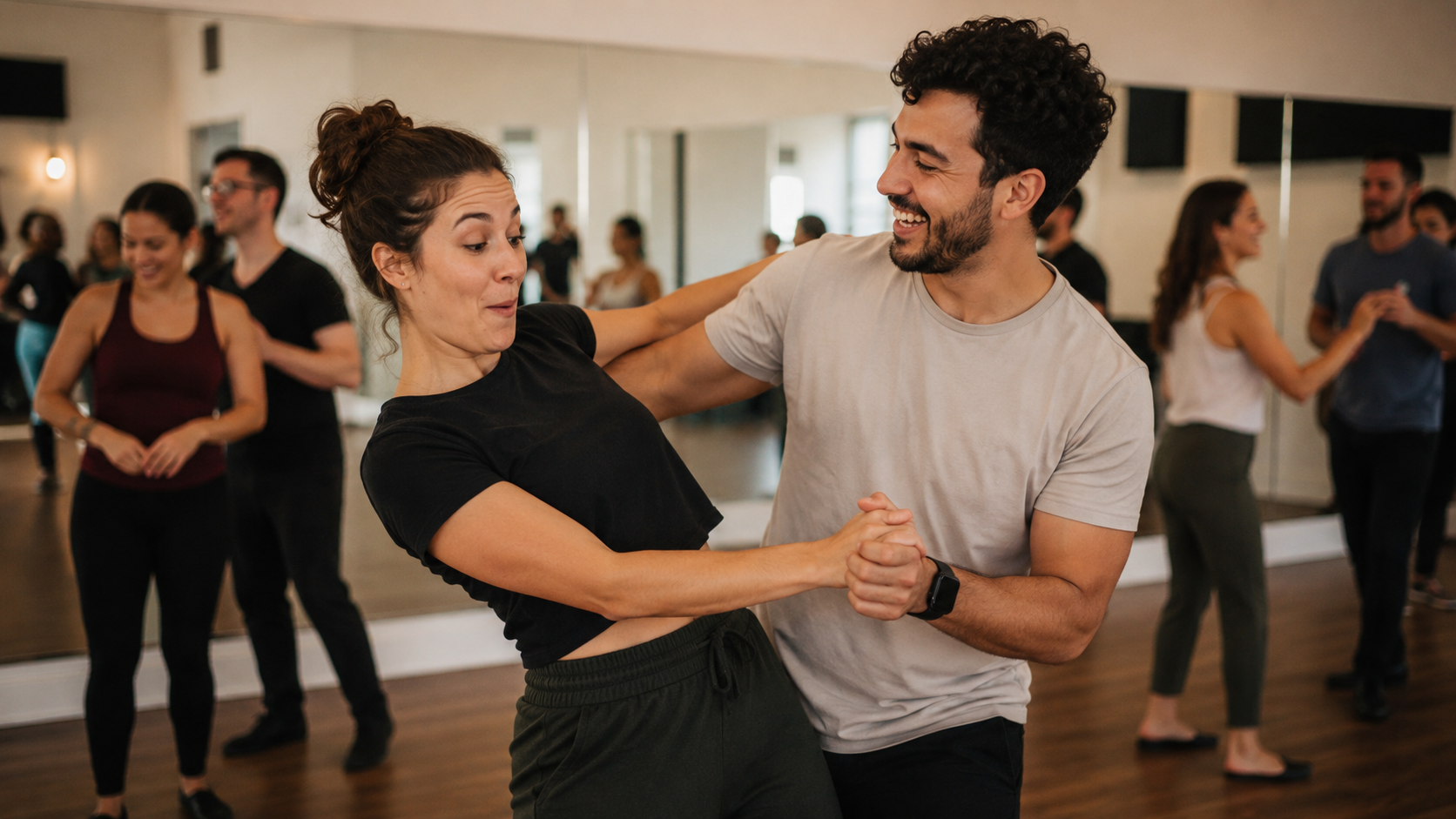 Couple laughing together during a beginner Latin dance class at RF Dance in Orange County