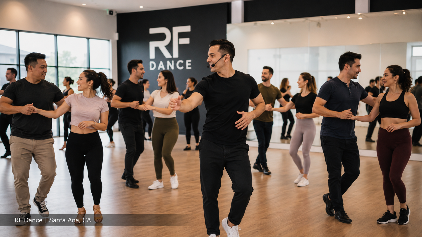 Students in a Salsa and Bachata group class at RF Dance studio in Santa Ana, Orange County, California