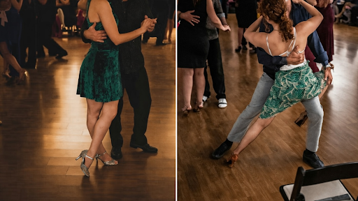 Dance steps: crossed high heels and forward step in black dance shoes.