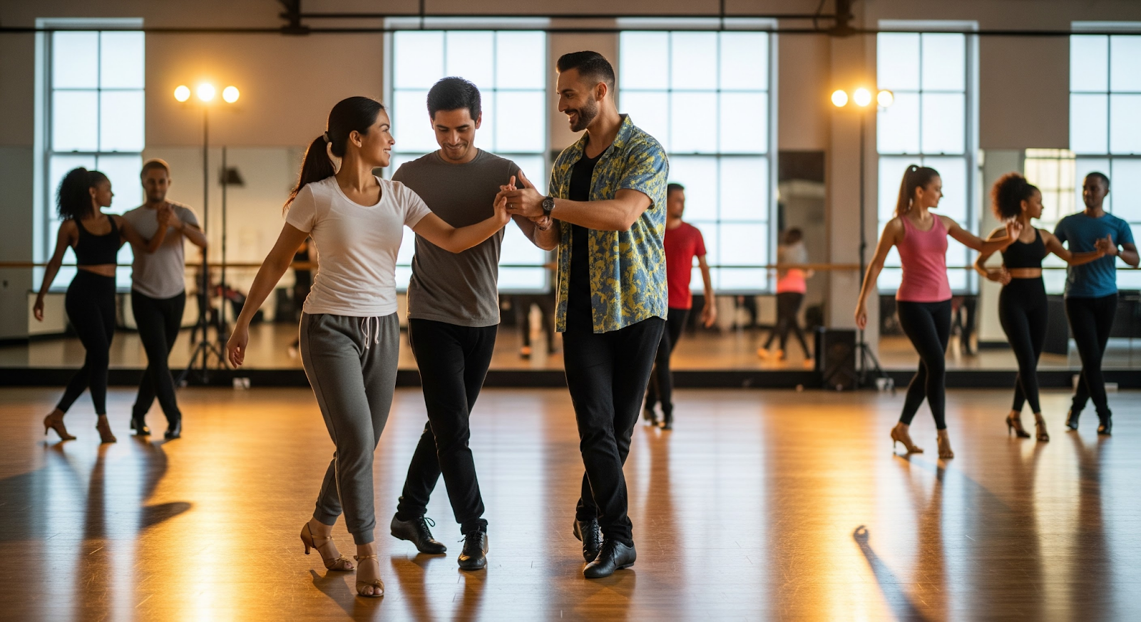 Salsa dance class with couples practicing partner steps in a studio.